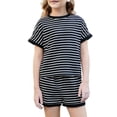 thumbnail image 3 of VBTAPA Boys Girls Summer 2 Piece Outfits Striped Short Sleeve Top and Shorts Loungewear Kids Casual Sports Clothes Set Black 7-8Years, 3 of 8