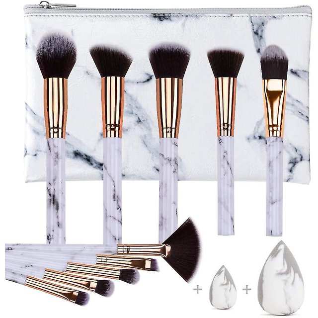 Juego de 10 brochas de maquillaje profesionales, mango de mármol, pelo sintético natural suave e inodoro, 10 brochas + 2 esponjas + bolsa de cosméticos esquí esquí Gafas de esquí