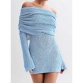 thumbnail image 2 of Women'S Off Shoulder Mini Skirt Bodycon Long Sleeve Crochet Out Going Mesh Elegant Sweater Dress Light Blue M, 2 of 5