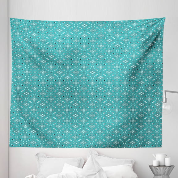Turquoise Tapestry, Moroccan in Geometric Rectangular Frames with Floral Arrangement, Fabric Wall Hanging Decor for Bedroom Living Room Dorm, 5 Sizes, Turquoise Dark Blue, by Ambesonne