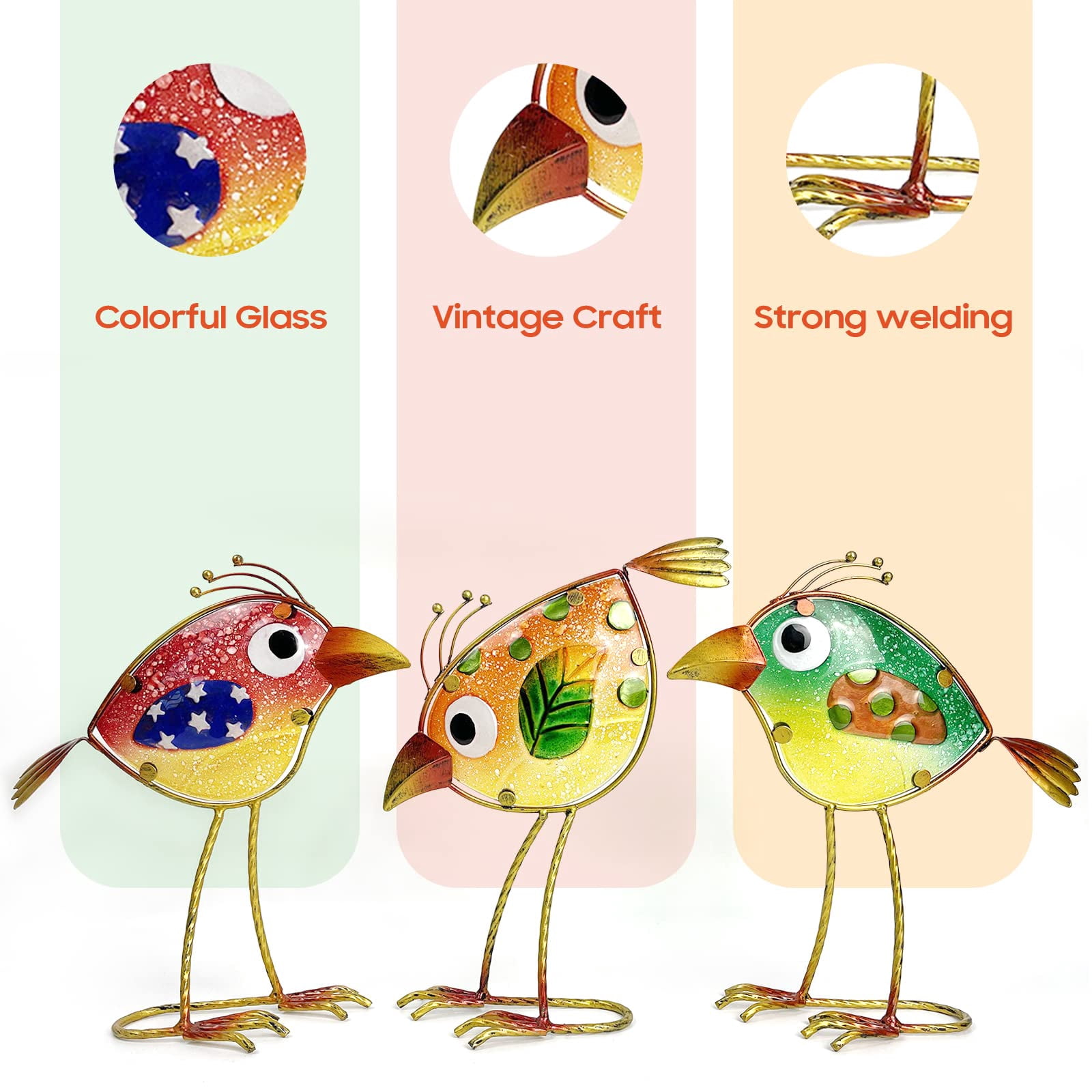 Garden Decor For Outside Funny Metal & Glass Bird Indoor Outdoor Set Of 3 Yard Art Statues Decorations Colorful And Patriotic