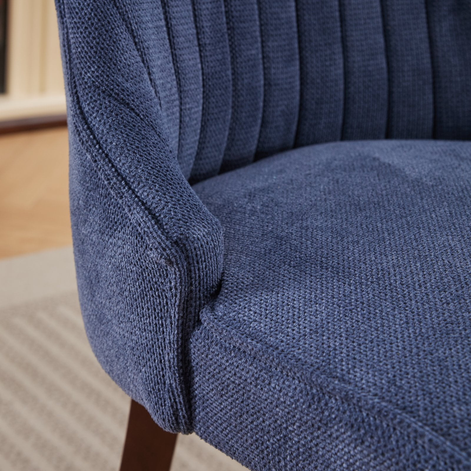 MAYEERTY Rayon Flocking Linen Dining Chairs - Channel Tufting, Curved Solid Wood Legs, Blue, Set of 2