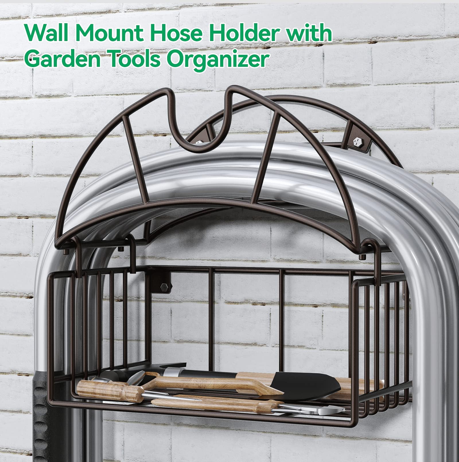 Wall Mount Heavy Duty Metal Garden Hose Holder with Tool Storage Basket