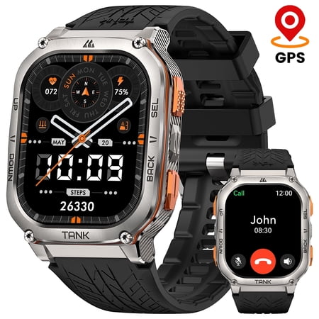 Smart Watches for Men, 2" Military Smartwatch for Android iPhone with GPS,IP69K Waterproof & Bluetooth Calling, Silver