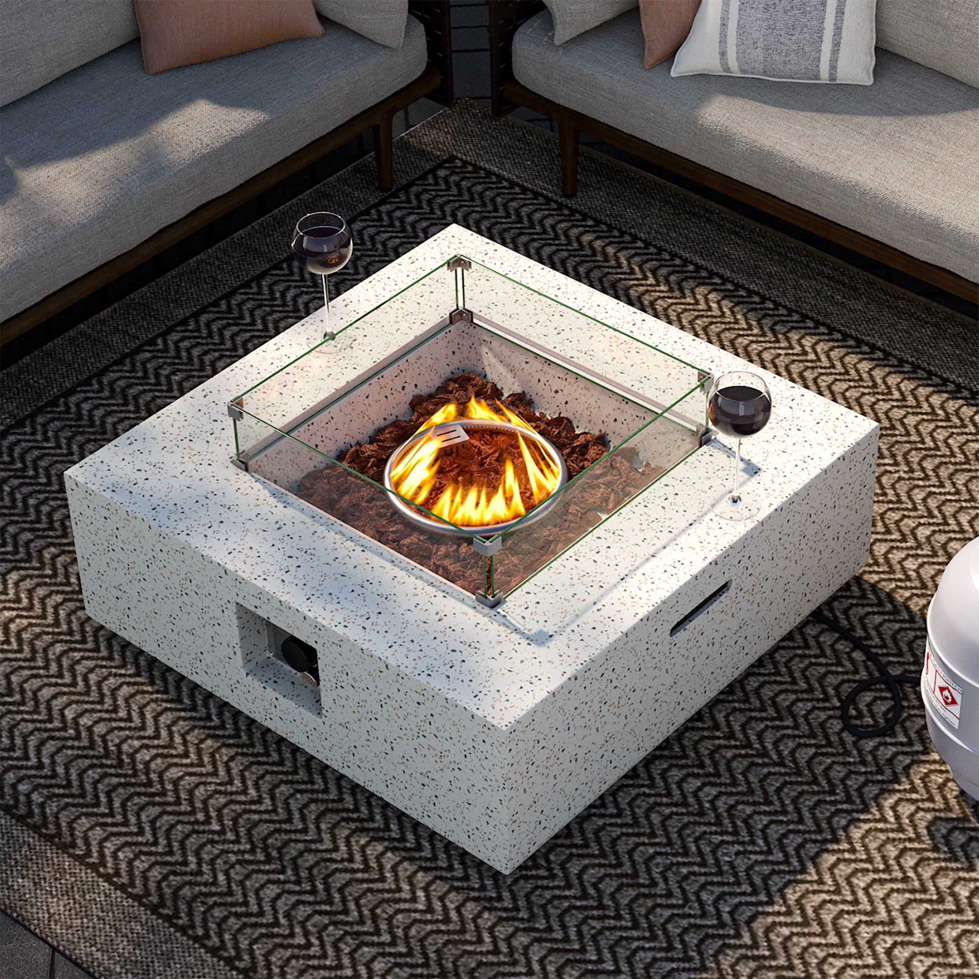 VENTOPYR 35''Outdoor Square Propane Fire Pit Table,Terrazzo White Faux Stone Fire Pit Set with Wind Guard