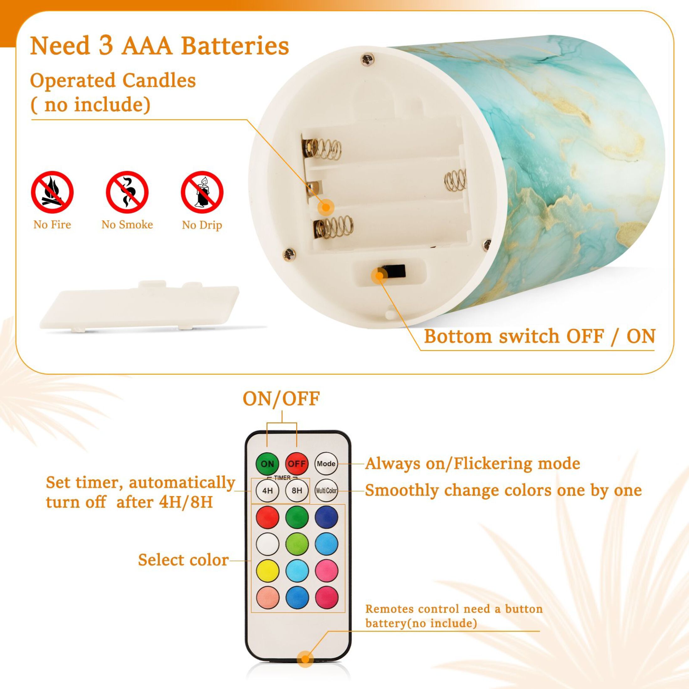 Aqua White Marble Flickering Flameless LED Candles set of 2 Battery Operated 18-Key Remotes Timer Halloween Fall Decor D3''xH4''5''