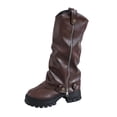thumbnail image 3 of Domuza Women's Fall Winter Round Toe Platform Mid Calf Boots, Slouchy Pants Shaft Side Zipper Thick Sole Long Boots Brown 6.5（EU-37）, 3 of 7