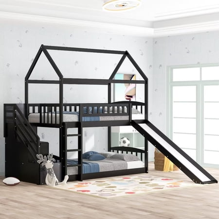Twin Over Twin Bunk Bed with Storage Drawers and Slide Playhouse Bed Frame with Ladder and Safety Guardrail Solid Wood Bunk Bed for Bedroom Apartment Space Saving Espresso