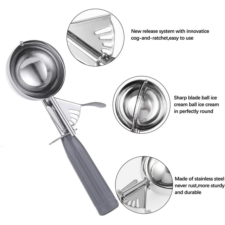Comfy Grip 4 Ounce Ice Cream Scooper, 1 Spring-Loaded Melon Ball Scoop - #8, Built-in Blade, Gray Stainless Steel Cookie Baller, Dishwasher-Safe, Heav