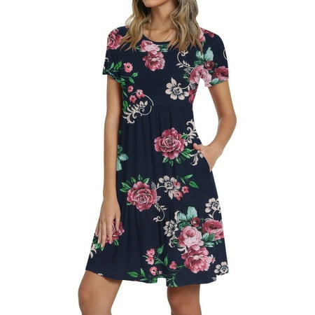 

Juebong Women s Fashion Casual Round Neck Solid Color Printed Short Sleeve Dress