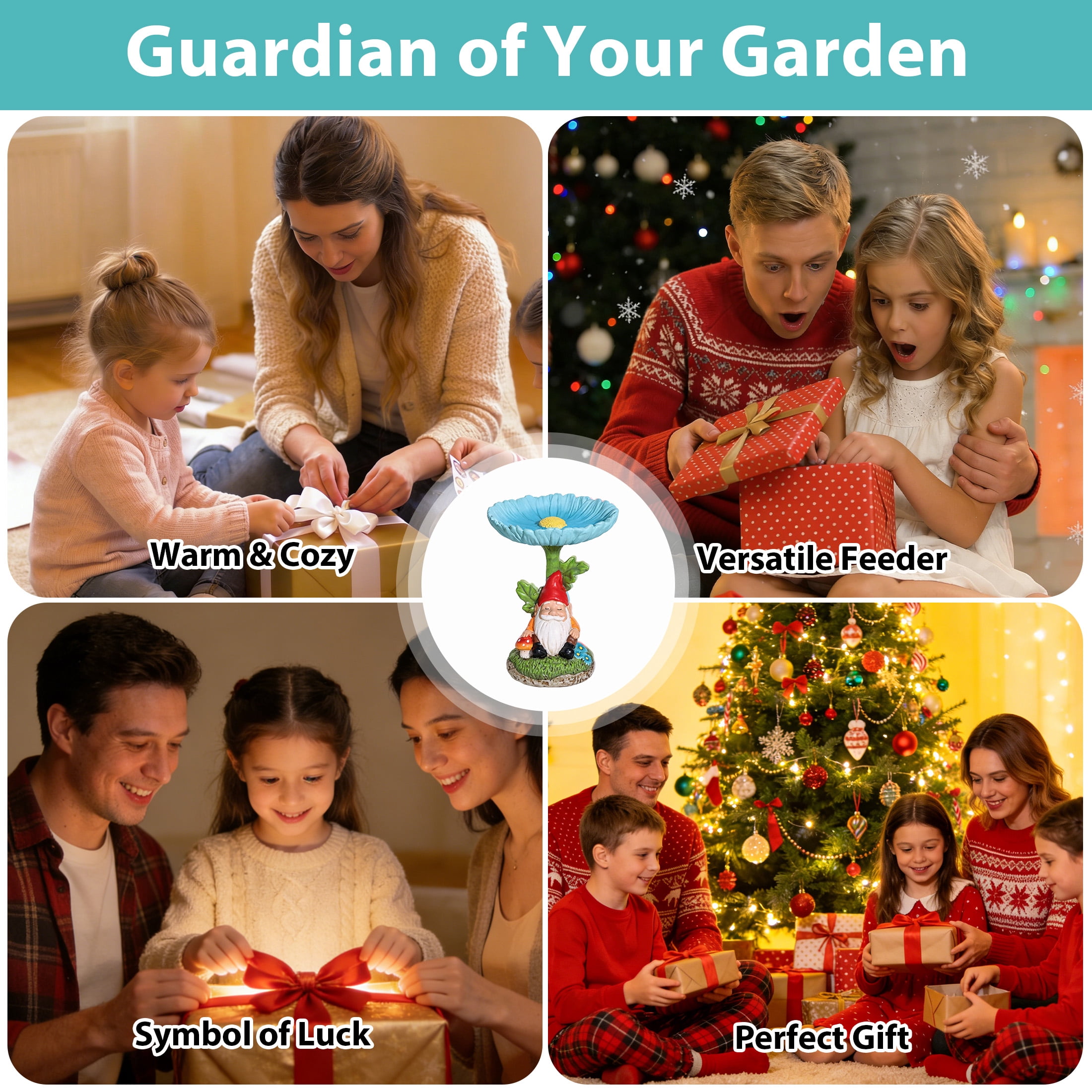 The Growing Ground Daisy Gnome Bird Feeder, Resin Garden Statue with Flower Bowl for Outdoor Patio Decor, Teal