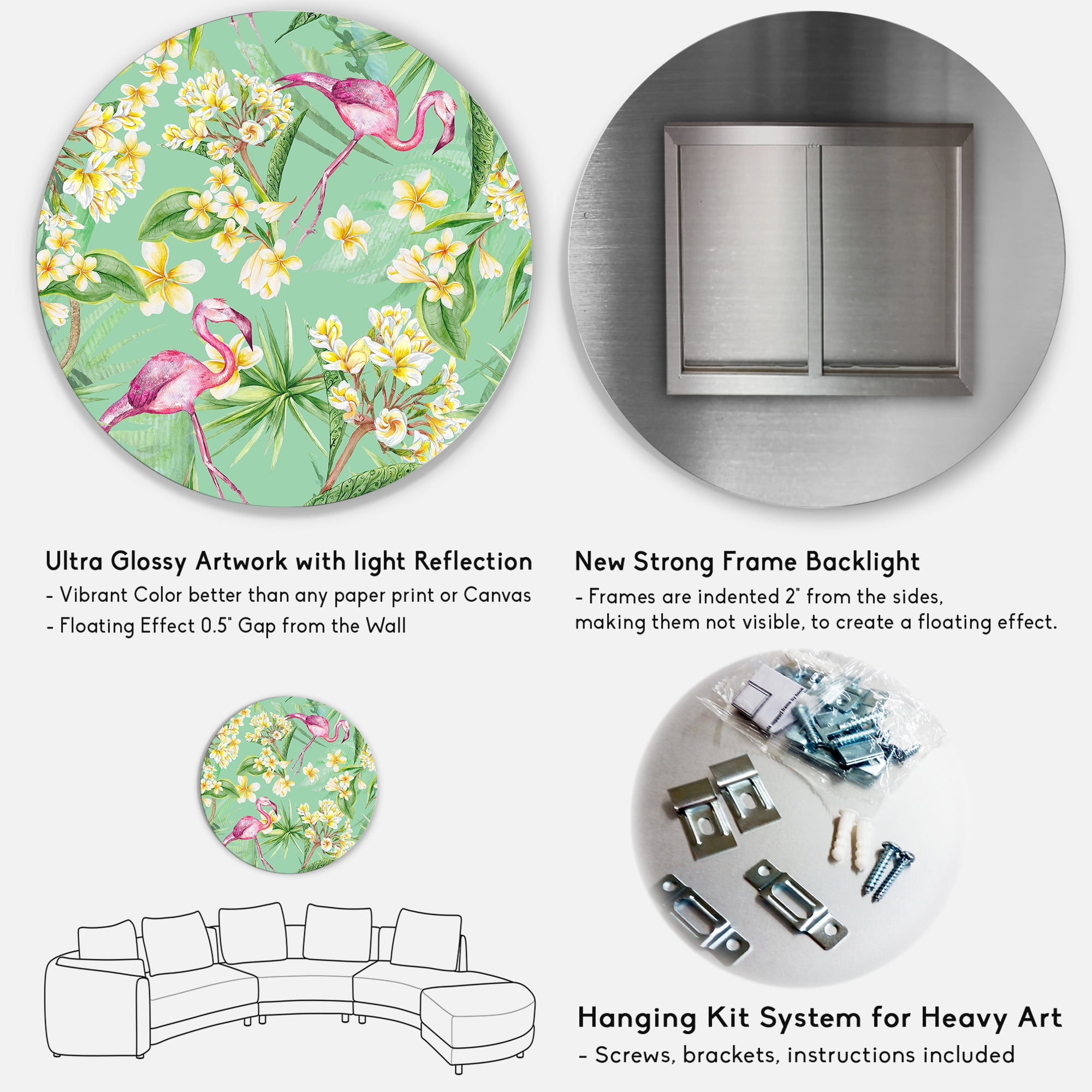 Designart 'Yellow Flowers, Tropical Foliage With Flamingo V' Traditional Circle Metal Wall Art 36x36 - Disc of 36