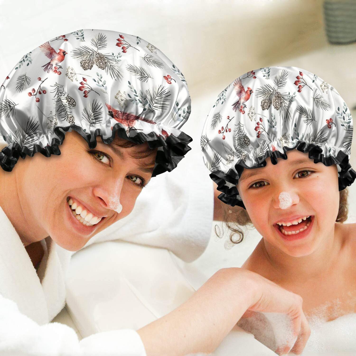 Shower Caps,White Christmas Bird and Pine Pattern Waterproof Shower Cap for Women 4 Pieces,Double Reusable Hair Cover for Shower PEVA Elastic Stretch Hem
