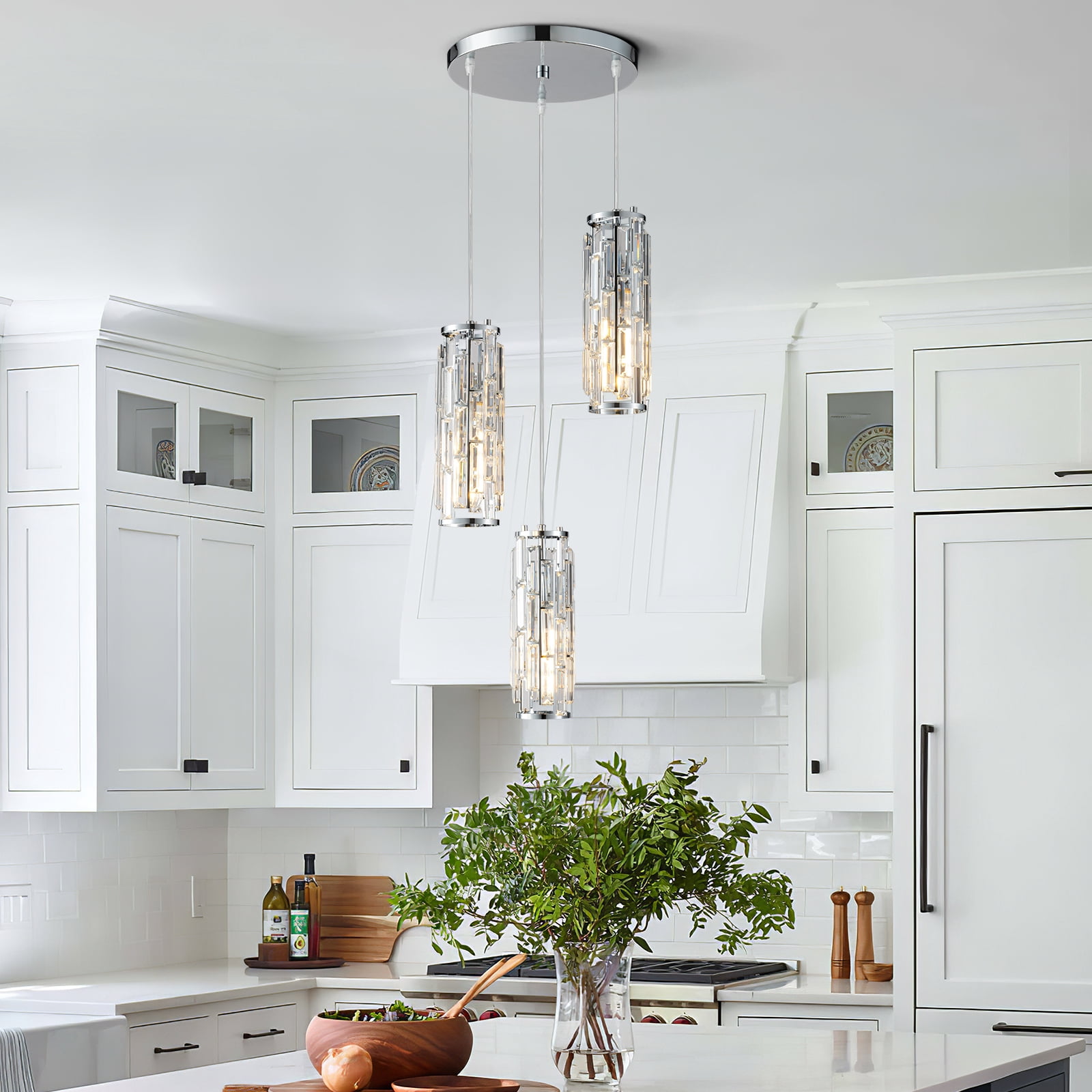 Mini Crystal Chandeliers Adjustable Pendant Light Modern Chrome Pendant Light Fixture for Living Room, Dinning Room, Kitchen Island and Bedroom(3-light)