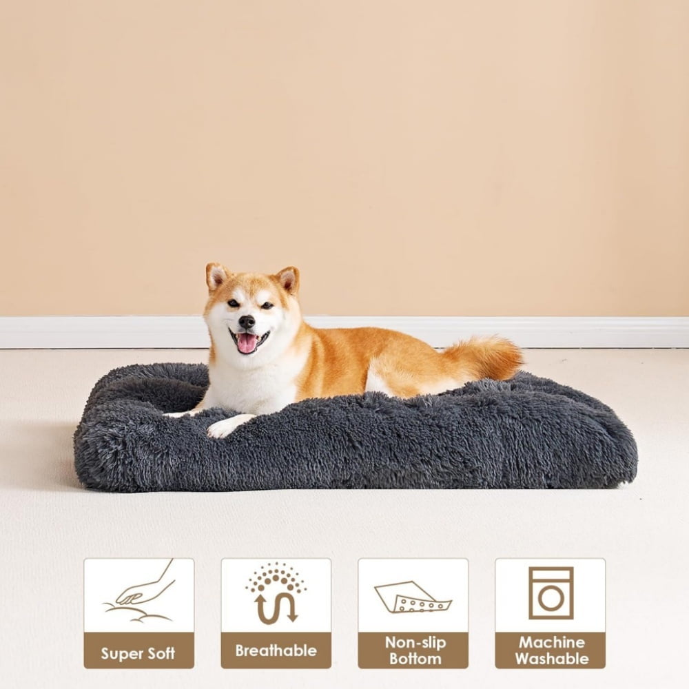 Reyox Large Dog Bed, 35 x 23 inch Fluffy Plush Dog Cage Bed, Washable Dog Mat with Non-Slip Bottom for Large and Medium Dogs,Dark Gray