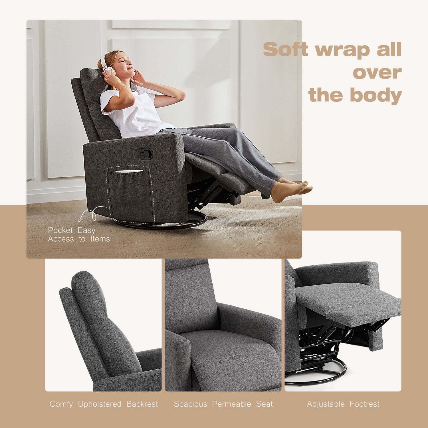 Luxurious Rocking Chair Nursery, Swivel Rocker Recliner for Ultimate Comfort in Your Nursery, Living Room, and Bedroom, Gray