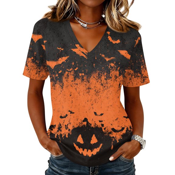 Halloween Tshirts for Women Short Sleeve Spooky Season Tops V Neck Comfy Shirts Relax Fit Holiday T-Shirts Orange XL