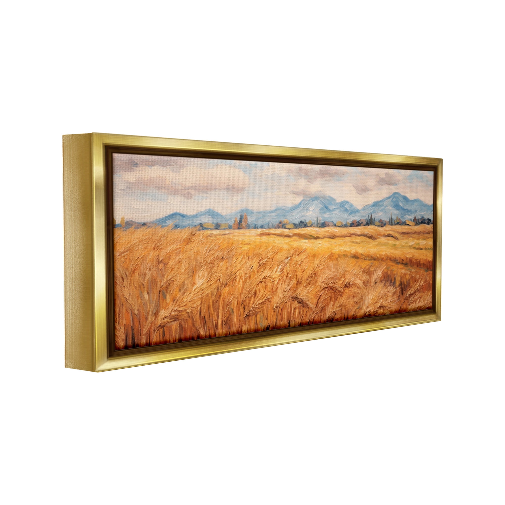 Stupell Industries Country Wheat & Mountains Landscape Painting Gold Floater Framed Canvas Art Print Wall Art, 31 x 14
