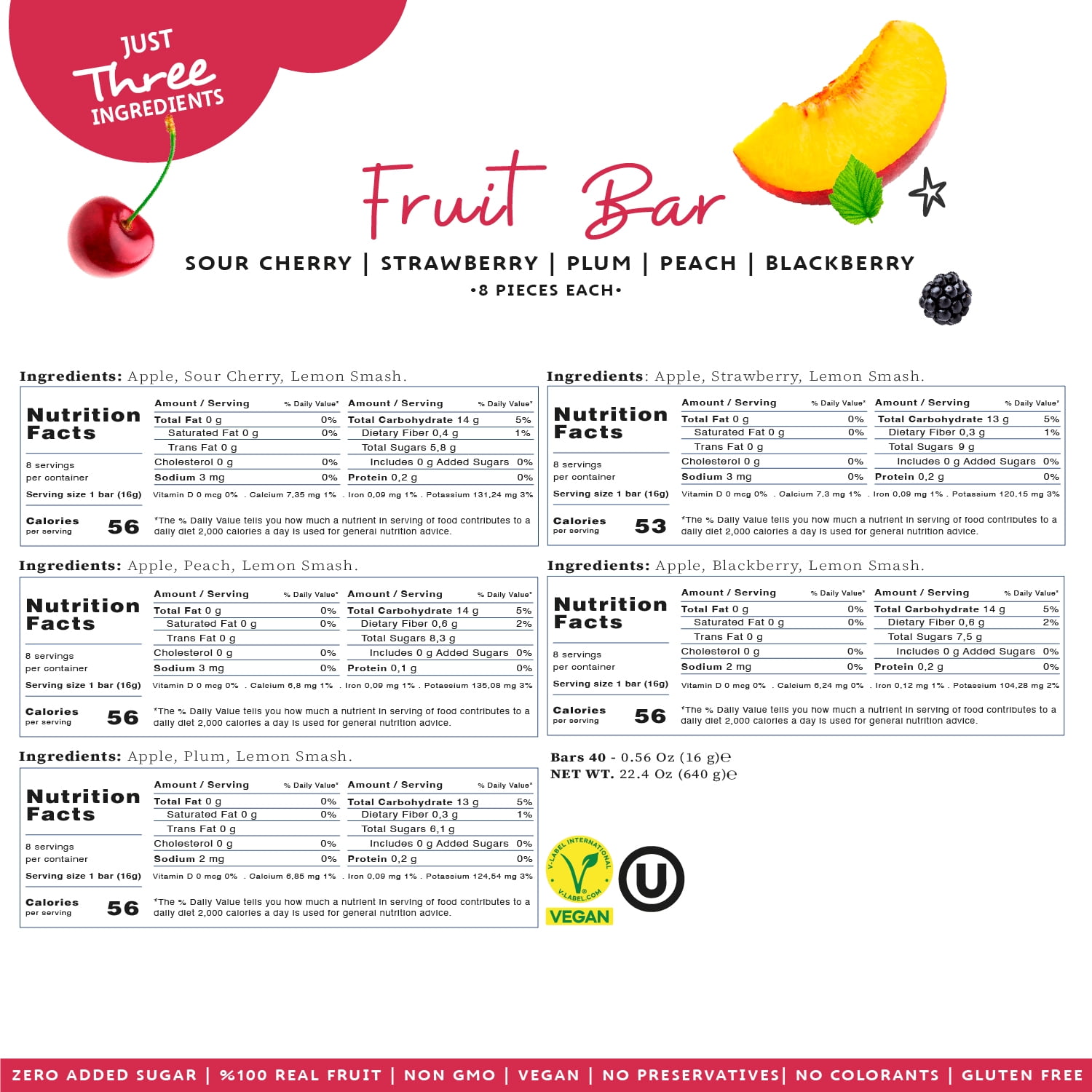 MaTe Healthy Fruit Bar Variety Pack, 40 Count, 100% Real Fruit Snacks, Gluten Free, Vegan, Non-GMO, No Added Sugar, Strawberry, Plum, Peach, Blackberry & Sour Cherry