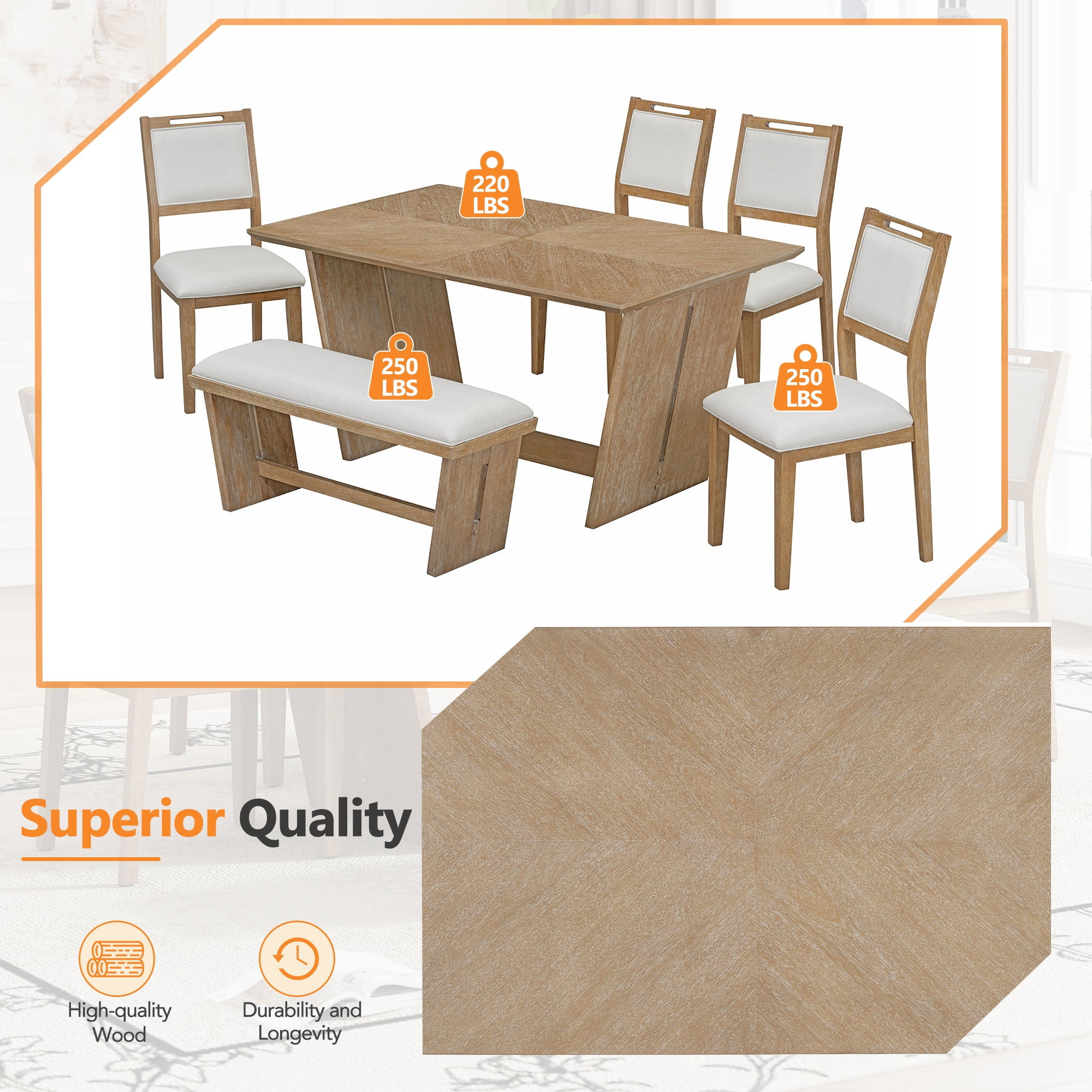 Howcool Retro 6-Piece Dining Set, 60" Wood Table, Trestle Base, 4 Chairs & Bench, Natural Wood Wash