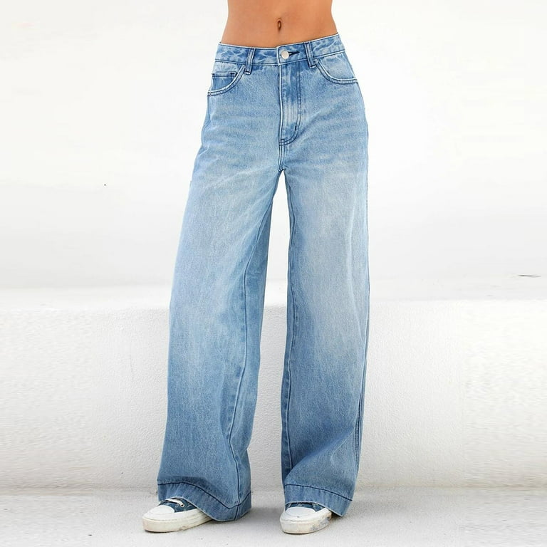 KINPLE Women Wide Leg Denim Pants High Waist Straight Oversized Plus Size  Baggy Flared Jeans Trousers 
