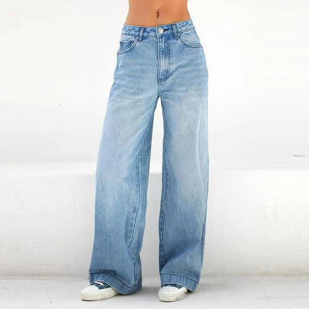 Womens Straight Wide Leg Jeans High Waisted Distressed Boyfriend Jeans Y2k  Stretch Baggy Streetwear Denim Pants 