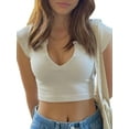 thumbnail image 3 of Coduop Women Short Sleeve Crop Tops Solid Color Knit Rib V-Neck Summer Slim Fit T-Shirts, 3 of 9