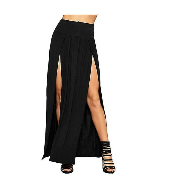 Suuyar Women s High Waisted Double Slit Long Skirt in Stretchy Plain Jersey with Slit on Two Sides Walmart