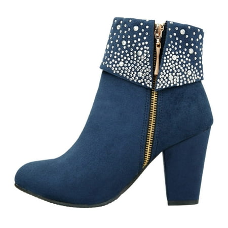 

KBKYBUYZ Women s Warm Solid Retro Zipper High Heel Round Toe Square Heel Boots Shoes
