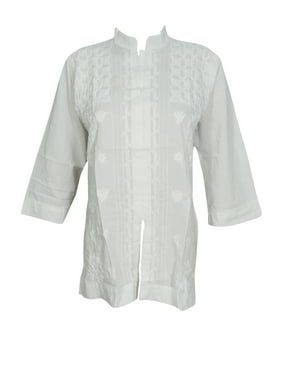 Mogul Ethnic Indian Cotton Tunic 3/4 Sleeves Beautiful Floral Hand Embroidered White Kurti Shirt M