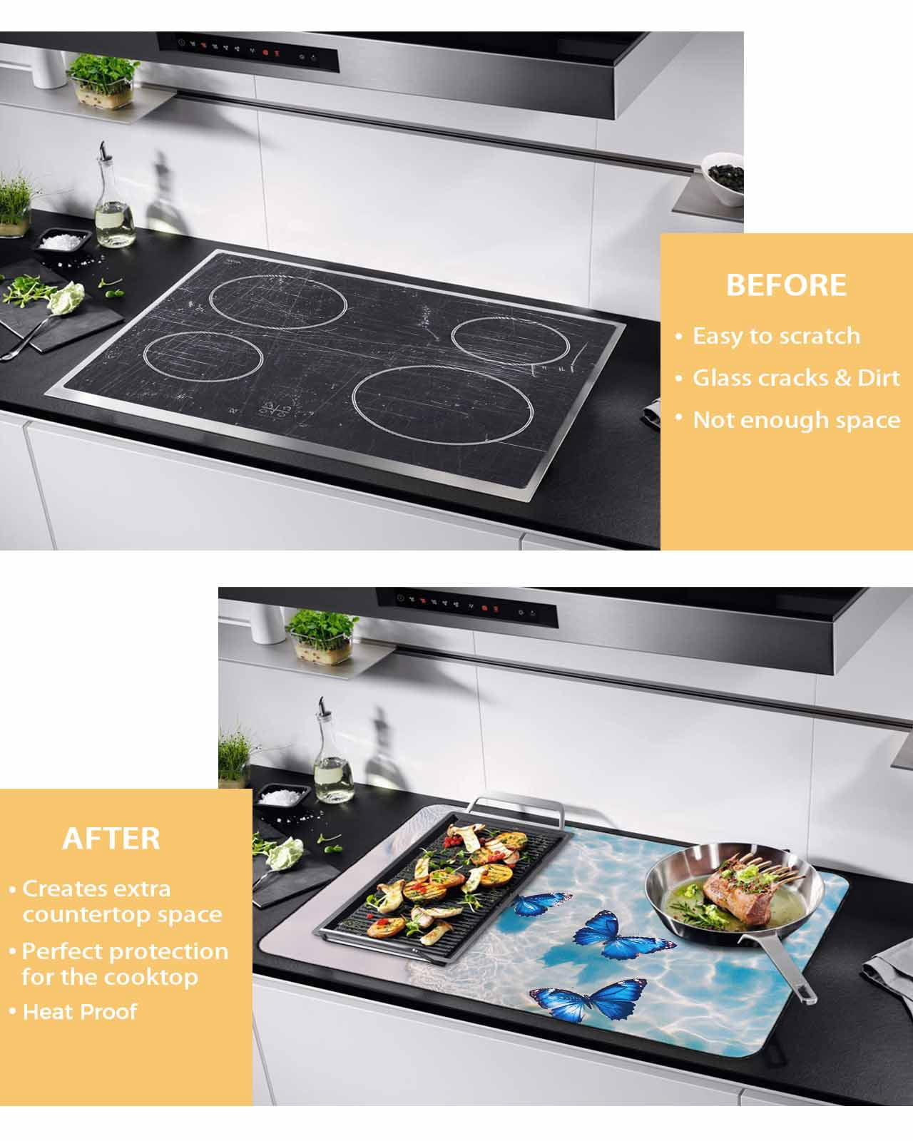 nqOlkjepod Large Induction Cooktop Protector Mat 24"x21", Blue Butterfly Coastal Stove Top Covers for Electric Stove, Summer Beach Ocean Wave Stove Burner Cover Mats, Glass Top Stove Cover