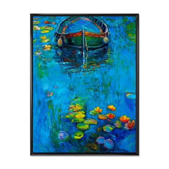 Boat In Blue Lake 12 in x 20 in Framed Painting Canvas Art Print, by Designart