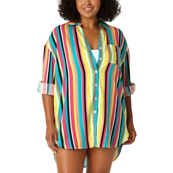 Anne Cole Plus Size Boyfriend Button-Dow Multi Stripe 1820