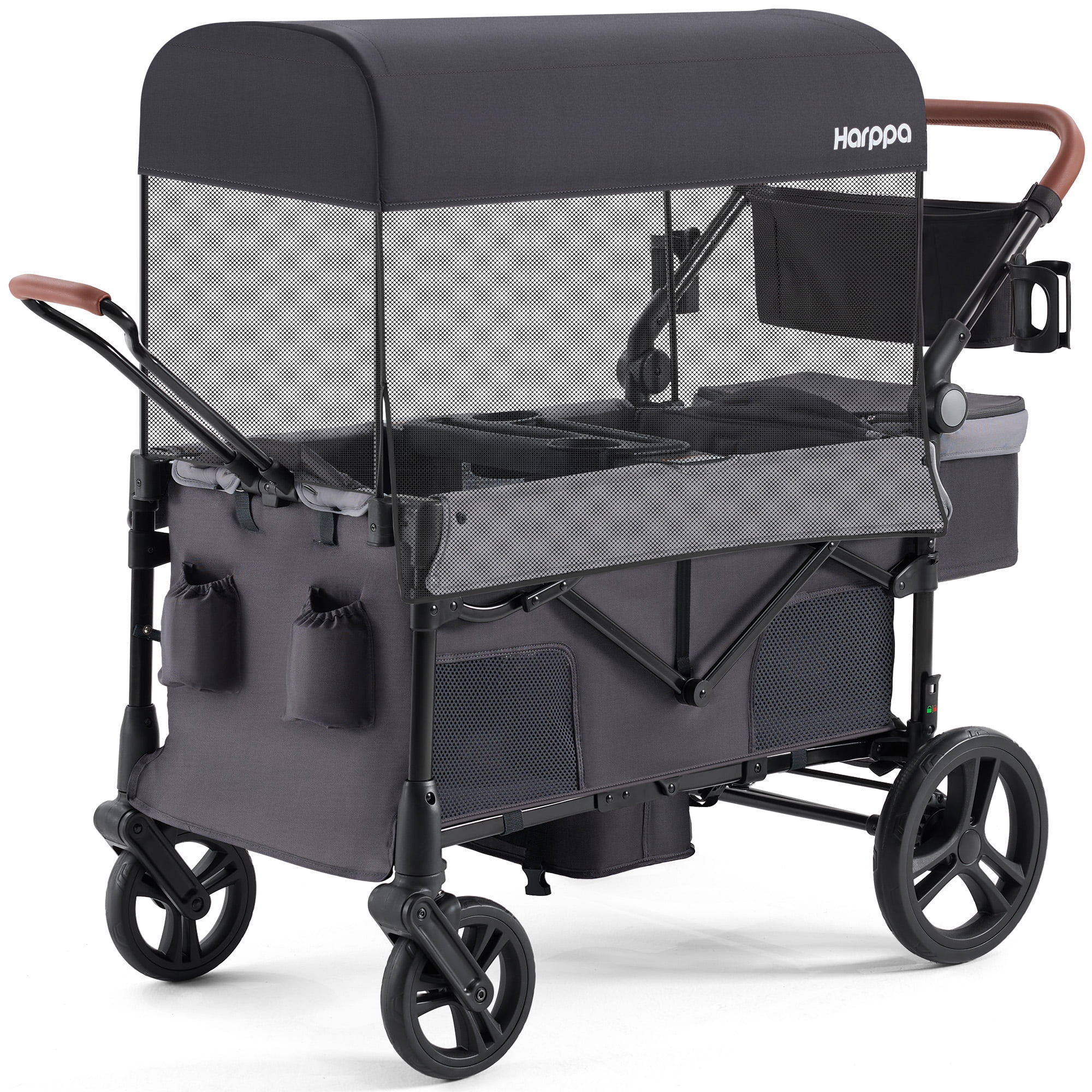 HARPPA Foldable Wagon Stroller for 2 Toddlers with Pull & Push Handle, Canopy, 32.9lbs,Gray