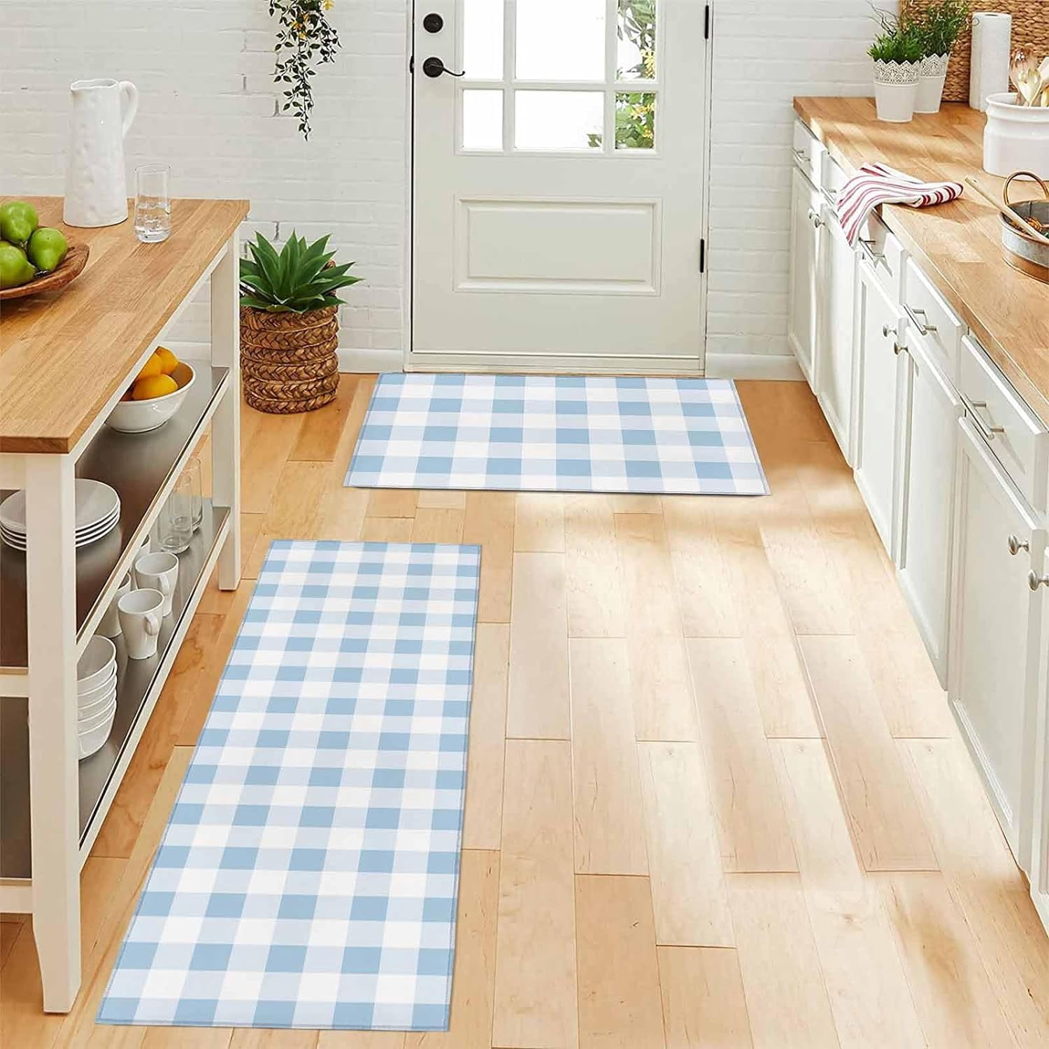 Easter Kitchen Rugs and Mats 2 Pieces Blue Buffalo Plaid Runner Rug Sets White Check Soft Comfort Standing Kitchen Mats for Floor Absorbent Area Rugs Carpet Farmhouse Cushioned Doormat Home Decor