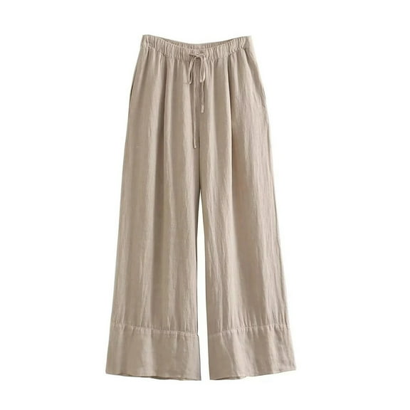 CAIXIA Women Linen Pants Wide Leg Pants Woman High Waisted Straight Flowy Palazzo Casual Beach Pants Trousers with Pockets,Khaki,XS