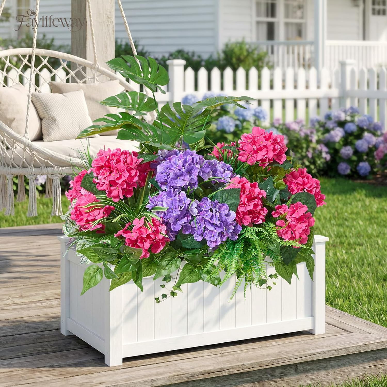 24 Heads Artificial Hydrangea Flowers for Outdoor Decor,  Faux Silk Planters Porch Garden Window Box  Decoration