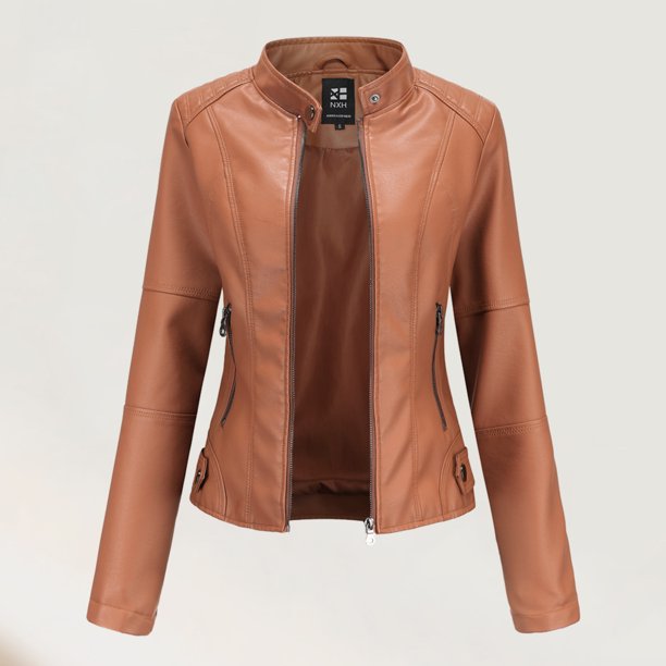 Chaqueta recortada para mujer Abrigo casual de cuero sintético Ropa de calle vintage Ygjytge Camello T L para Mujer