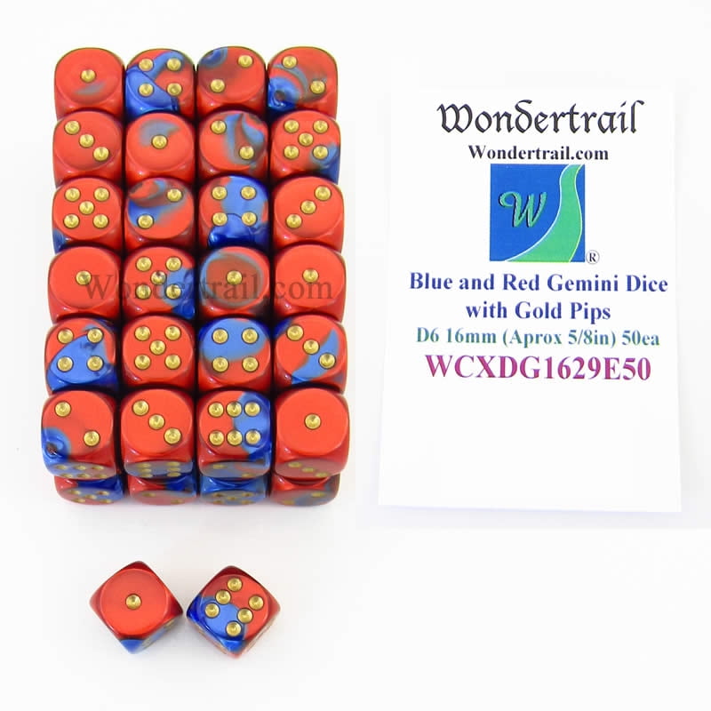 Wondertrail Blue and Red Gemini with Gold Pips 16mm D6 Dice Set of 6 Packaged in Tubes or Blister WCX26629E6 Wondertrail Blue and Red Gemini with Gold Pips 16mm D6 Dice Set of 6 Packaged in Tubes or Blister WCX26629E6