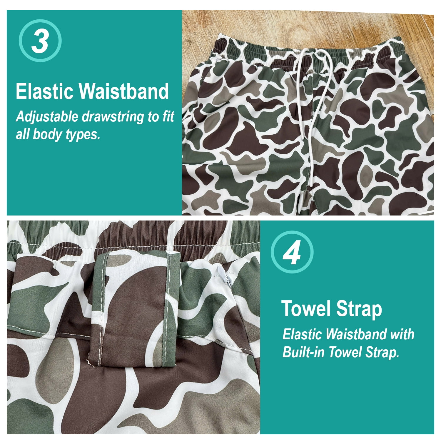 MINOUVA Men's 2-in-1 Swim Trunks with Compression Liner, Quick-Dry Stretch Fabric, Drawstring Waist, and Pockets, Shorts, Camo Duck XL