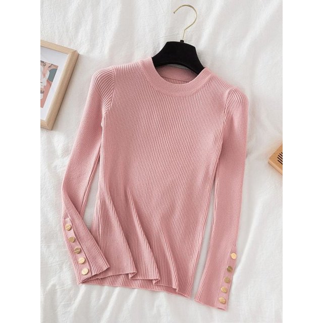 Suéter grueso de color caqui para mujer, Jersey informal con botones y cuello redondo, top de punto ajustado, tops suaves, 2024