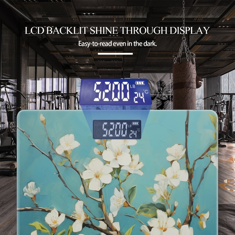 Bathroom Scale, Highly Accurate Digital Body Scale,Precisely Measures Weight up to 400 lbs-White Flowers On Tree Branches In Aqua Background