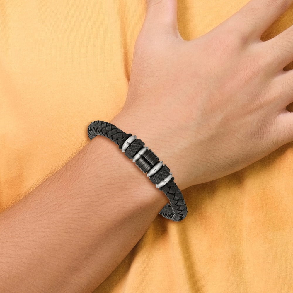 Diamond2Deal Stainless Steel Black IP-Plated Black Braided Leather and Rubber Bracelet for Men 8.5"