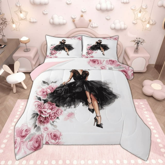 Manfei Ensemble de Douillette Princesse Grand pour Filles, Ensembles de Literie Chic Robe Noire, Ensemble de Douillette de Literie Fleurs Roses Mignonnes, Décor de Chambre Luxueux, 3 Pcs Réversible