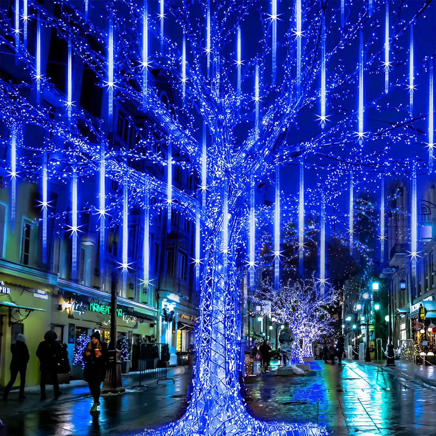 Rirool Meteor Shower Lights, 360 LED Blue Cascading Rain Lights