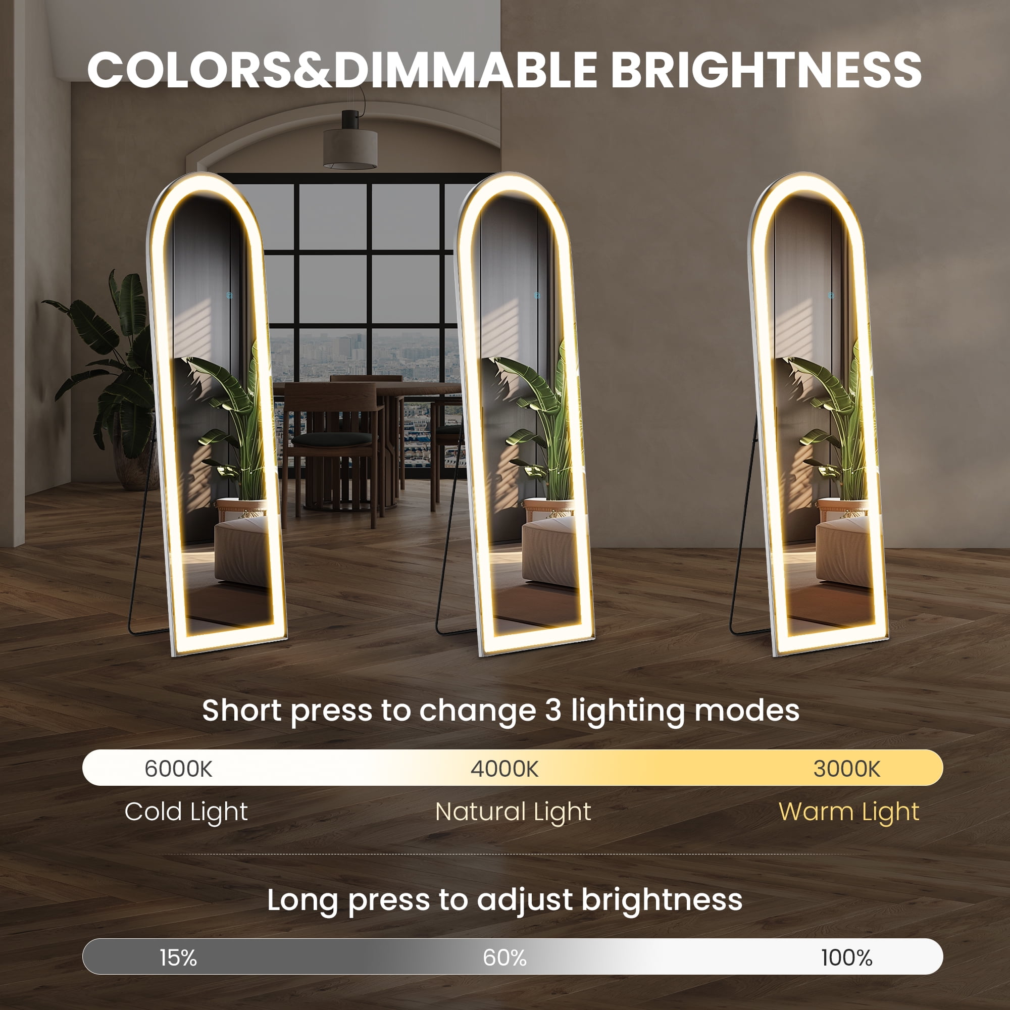 MAYEERTY 64"x21" LED Full Length Mirror, Floor Standing Mirror with Stand, Wall Mounted Hanging
