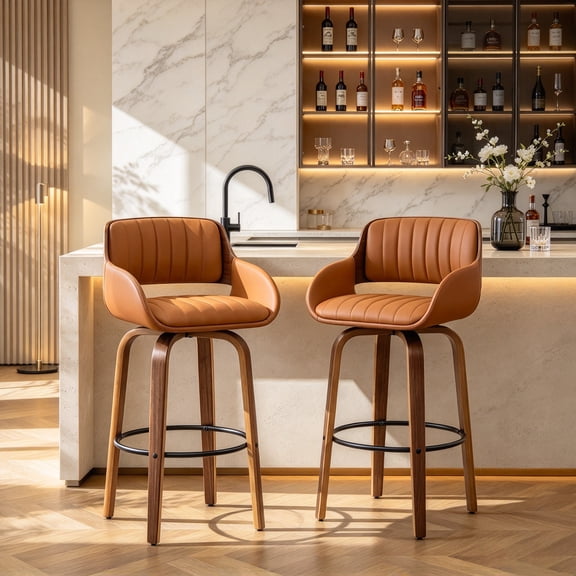 Fahomiss 29" Swivel Bar Height Bar Stools Set of 2 - Modern Kitchen Counter Stools with Back and Wooden Legs, Upholstered PU Leather Barstools Chairs W/ Adjustable Foot Pads, Brown
