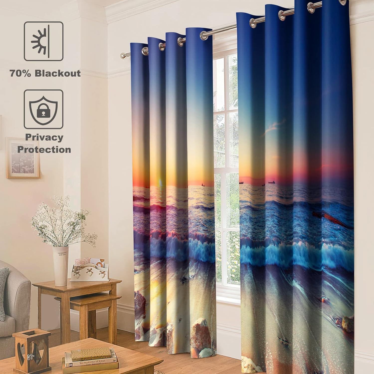 Ocean Beach Blackout Curtains - Seaside Beach Stones Sea Waves at Dusk Sunset Scenery Print Decor Home Bedroom Living Room Darkening Grommet Window Drapes 2 Panel Set,52"x63"