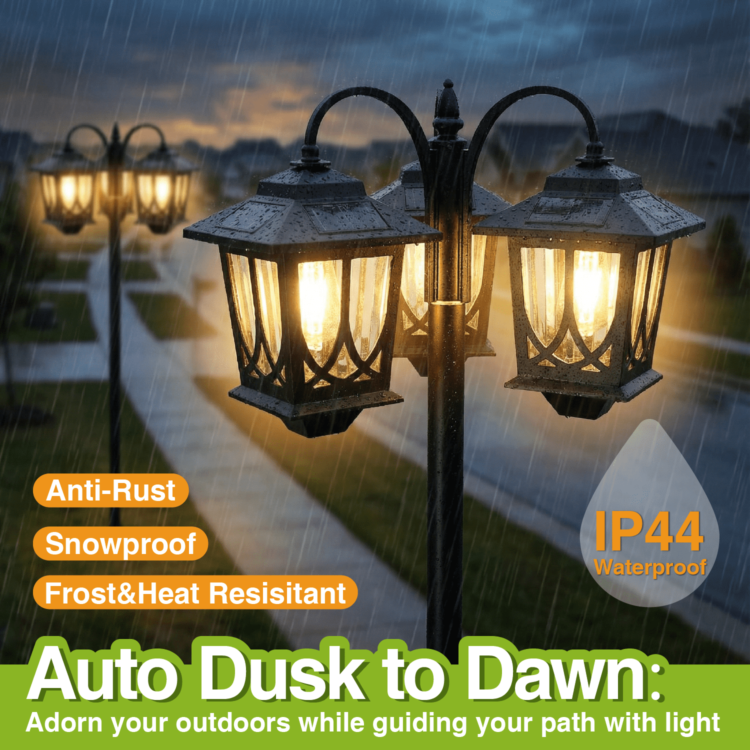 HOODINK 3-Head Solar Outdoor Lamp Post Lights, 73" 60 Lumens Solar Lights Outdoor Waterproof for Garden