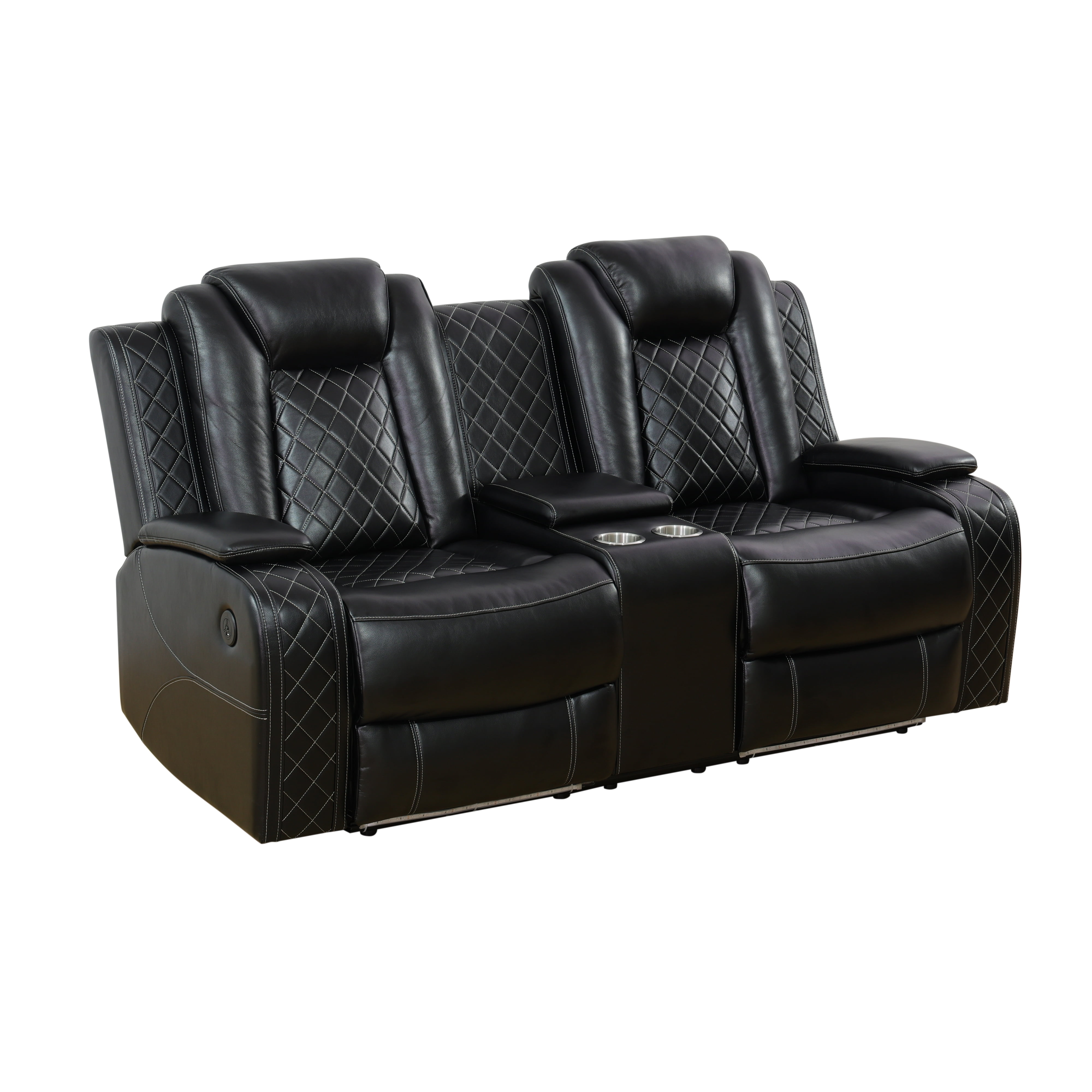 Recliner Loveseat for Living Room, Power Leather Reclining Sofa Seating Couch with LED Lights/Storage Console/Cup Holders (Black)